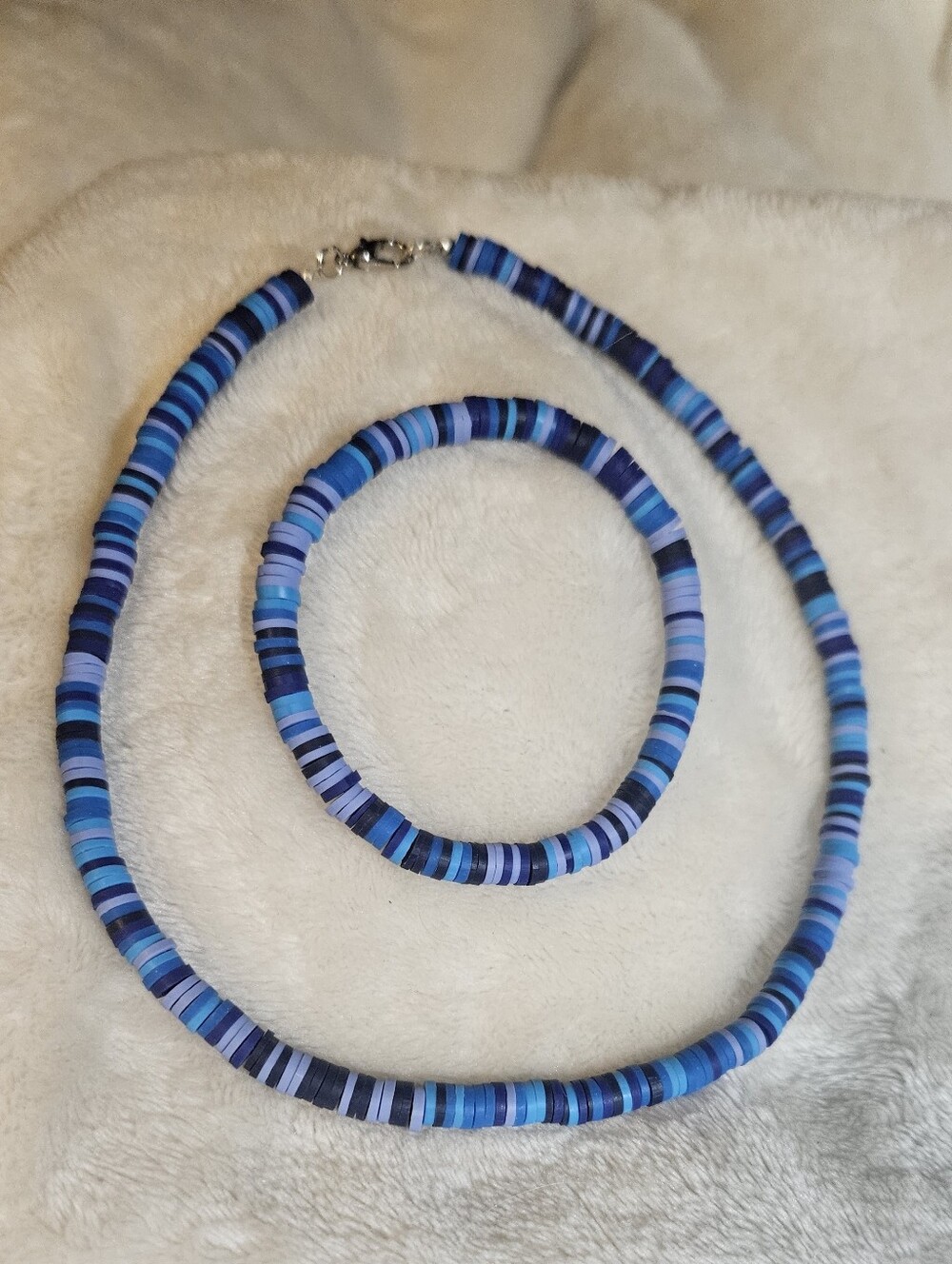 Handcrafted Polymer Bead Choker 14in & Strechy Bracelet Set Multi-Blue NEW